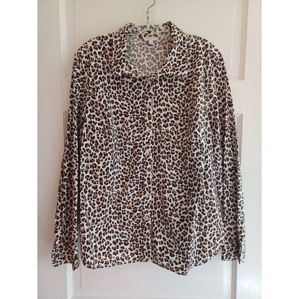 Talbots animal print button up shirt blouse L cotton stretch classic trendy